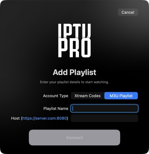IPTV Pro on Mac with M3U Playlist selected and empty Playlist Name and Host fields