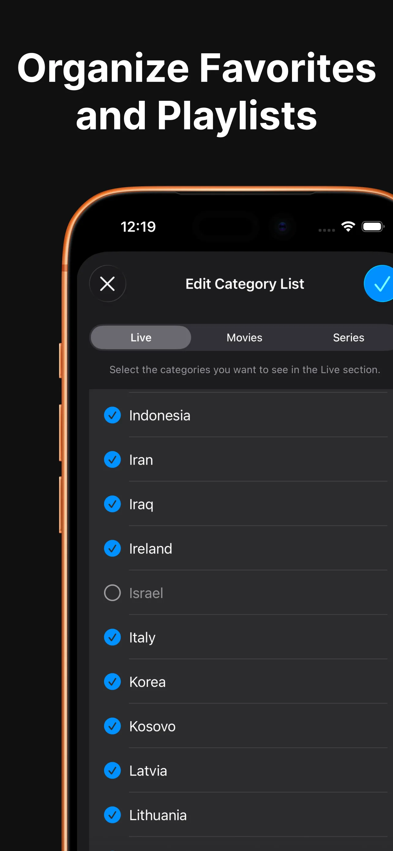 IPTV Pro App User Interface running on iPhone