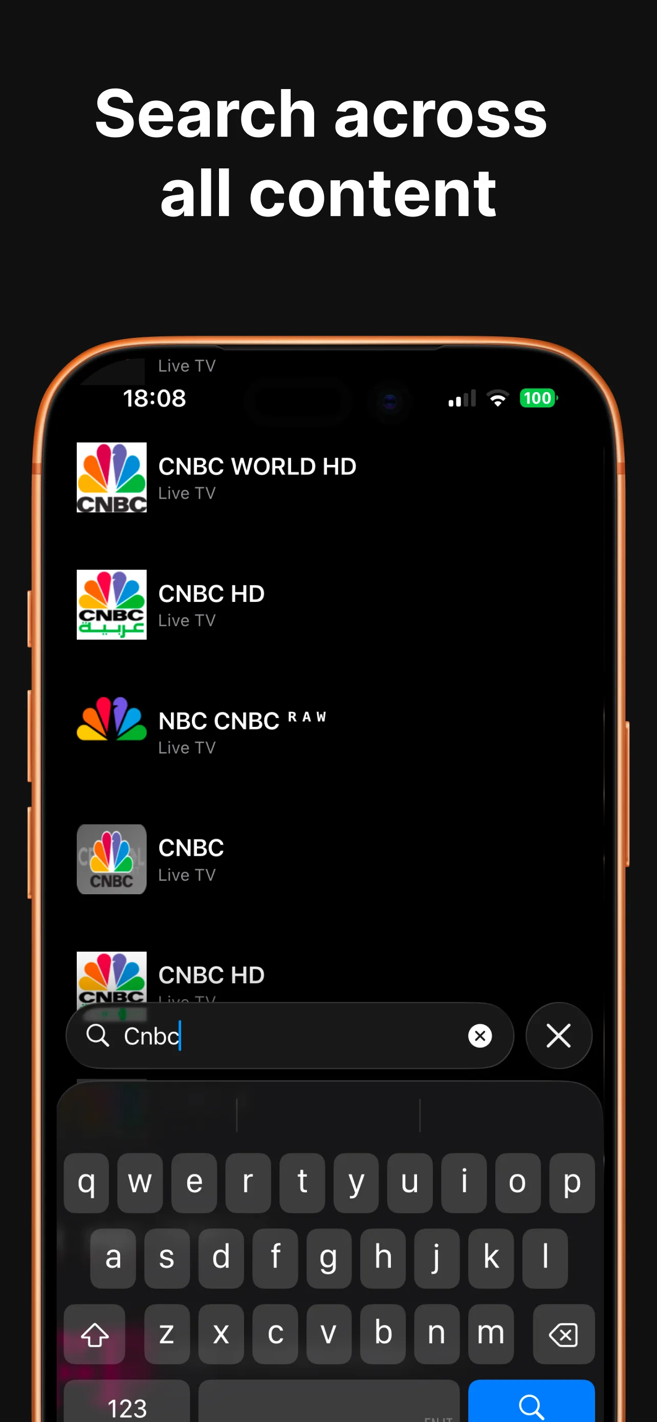 IPTV Pro search results for live channels